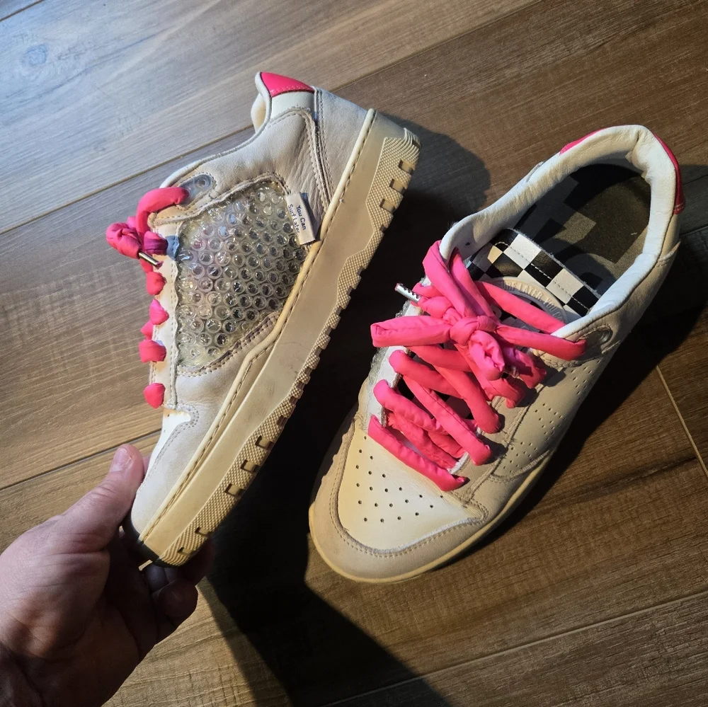 P448 Mason Sneaker White/Chess leather Puffy Pink Laces Size 39 US Size 8.5-9